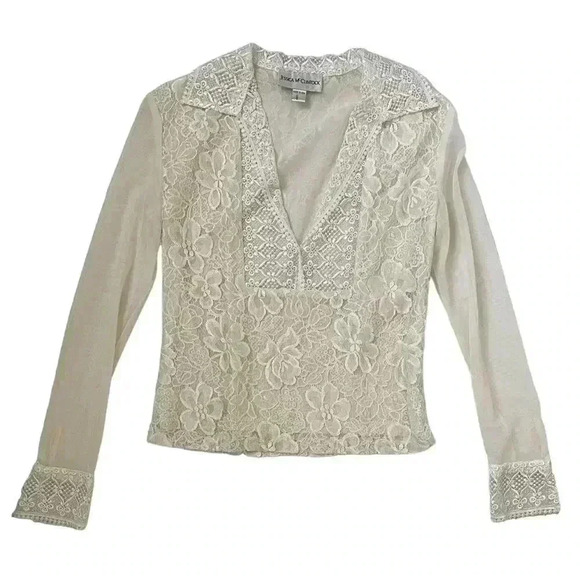 Vintage Jessica McClintock Gunne Sax - White Lace V-Neck Blouse - Size 8 - Picture 1 of 6